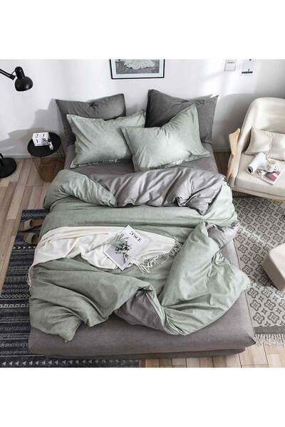 trendyhome Double Bedding Set, Satin Cotton 4 Pieces – Elegant Sage Green/Grey