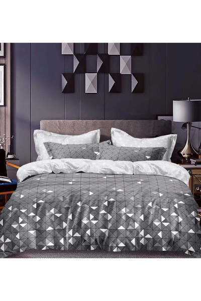 trendyhome Double Bed Bedding Set, Satin Cotton, 4 Pieces – Geometric Gray