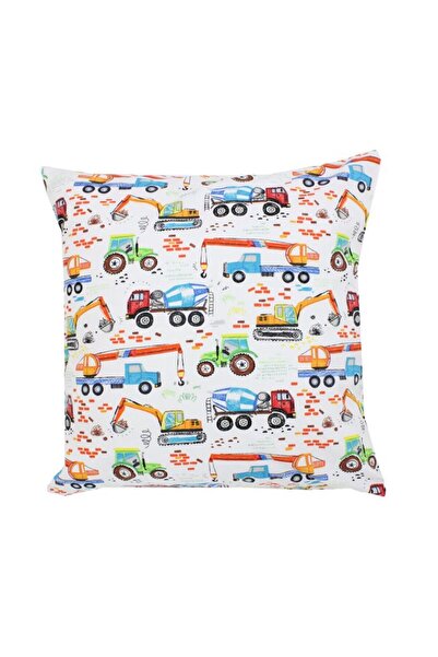 PRICHINDEL Față de pernă, albă cu mașini și tractoare, 40 x 40 cm