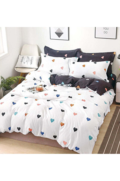 trendyhome Double Bed Bedding Set, Satin Cotton 4 Pieces – Multicolor Hearts, White/Dark Gray