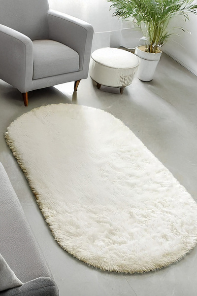 GH Geyikli Home Krem Oval Post Halı Peluş Salon Yumuşak Kaymaz Dot Taban Otur...