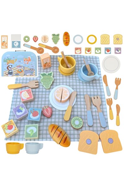 Tooky Toy Set de picnic din lemn în cutie de transport cu accesorii alimentar...