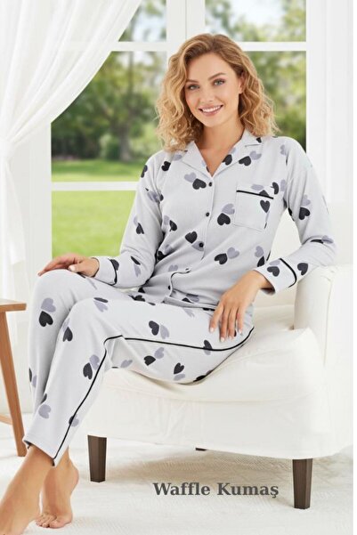 Modella Life Waffle Fabric Patterned Collared 5 Full Button Long Sleeve Pocketed Knitted Women's Pajama Set