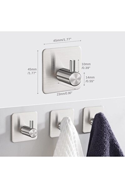 Sueva Set of 4 Self-Adhesive Matte Stainless Steel Hooks, Silver, 4.5x4.5x2.3cm