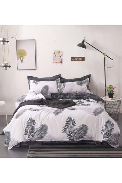 trendyhome Double Bed Bedding Set, Satin Cotton 4pcs – Palm Leaves, White/Grey