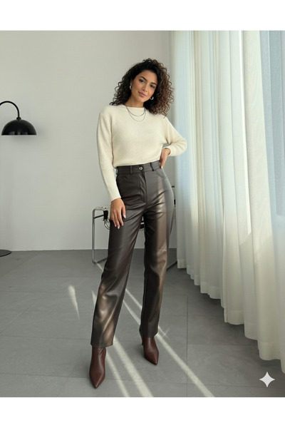 Hilals Butik Mng Model Bilek Boy Koyu Kahve Deri Şardonlu Pantolon