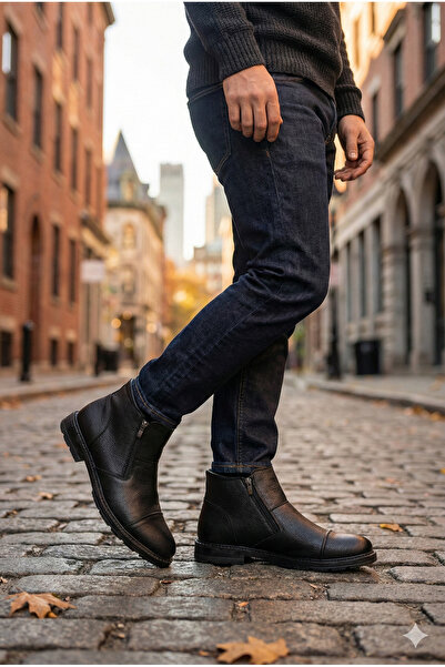 Pelin Ayakkabı Μαύρες ανδρικές μπότες με διπλό φερμουάρ Χειμερινά casual κλασικά παπούτσια