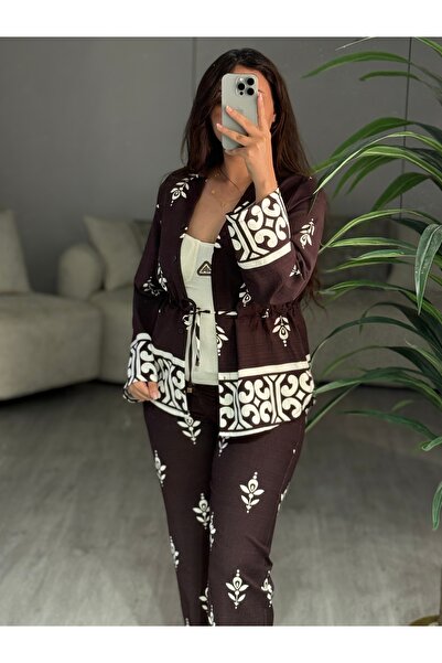 SELSAL patterned pants, blouse and jacket set