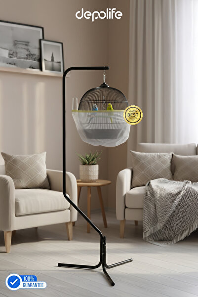 Depolife Siyah Büyük Boy Kalın Kuş Kafesi Askı Ayaklı Kafes Askılığı Kuş Tünek