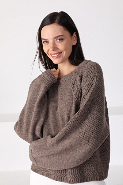 Ferraro Light Brown Round Neck Wool Women's Knitwear Sweater