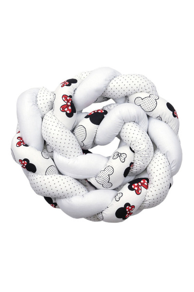 PRICHINDEL Protecție pătuț împletită, cu funde roșii, albă, 210 x 20 cm