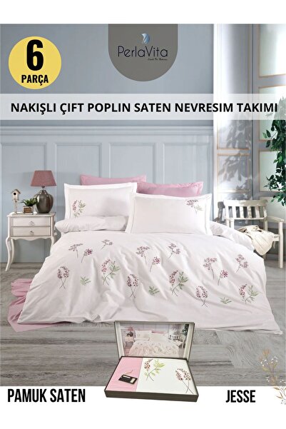 Dantela JESSE Nakışlı Çift Kişilik Pamuk Saten Nevresim Takımı 6 parca