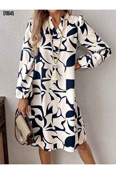 Viyamo Yeni Sezon Trend Modal Desenli Mini Elbise V Yakalı Rahat Kesim Uzun K...