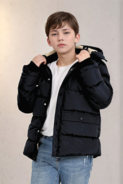 TheJOJODesign Palton negru pentru băiat, iarnă, impermeabil, căptușit cu lână cu glugă