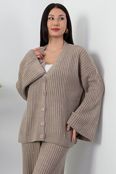 PULLIMM Corded Fabric Button Cardigan Pants Knitwear Set L8004