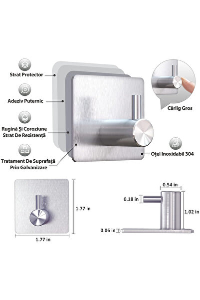 OEM Super Strong Adhesive Hooks Set, 4-Pack, Stainless Steel, Silver Finish