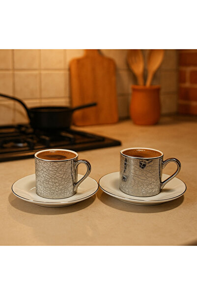 SİHİRLİ AYAKLAR Set of 2 Silver Color Gilded Patterned Porcelain Coffee Cups Coffee Cup Set with Gift Box 100 ml