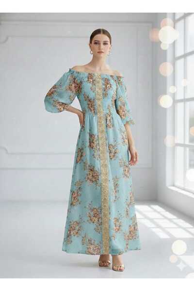 Generic A chiffon maxi dress with an off-shoulder cut and tuxedo gathering.