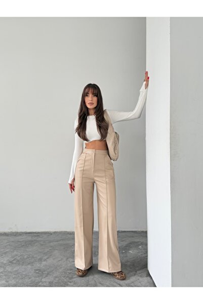 mydukkan.co حواف أسطوانية جلد بنطلون واسع الأرجل