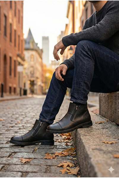 Pelin Ayakkabı Μαύρες ανδρικές μπότες με διπλό φερμουάρ Χειμερινά casual κλασικά παπούτσια