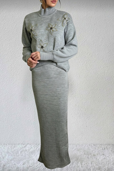 NEWCO Black Corded Fabric Maxi Knitwear Bolero Dress & Stone Patterned Oversized Knitwear Sweater Double Set