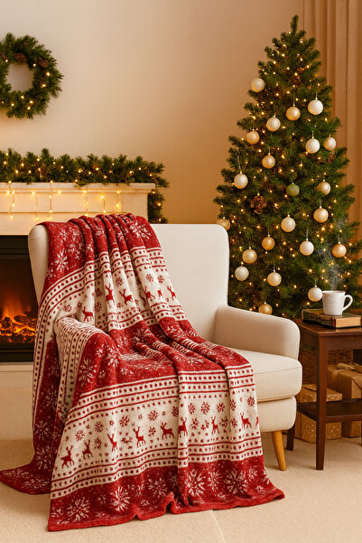 Bonny Home Berfu Kadife Bordo-Kırmızı Yılbaşı Desenli Tv Battaniyesi Çift Kişilik Polar Battaniye Koltuk Şalı
