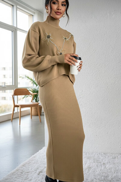 NEWCO Black Corded Fabric Maxi Knitwear Bolero Dress & Stone Patterned Oversized Knitwear Sweater Double Set