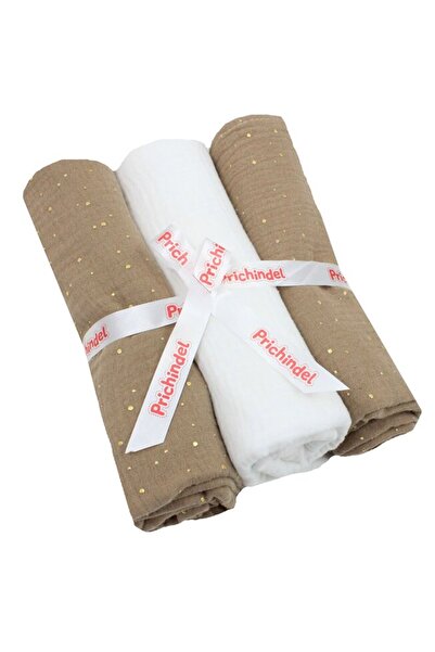 PRICHINDEL Set de 3 scutece de muselină, Buline metalice, bej cu alb, 80 x 67 cm