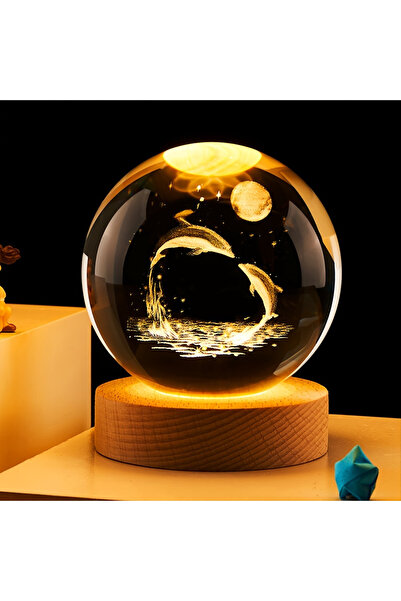 OEM Glob de cristal 3D cu delfini luminoși, LED cald, bază din lemn, decor oc...