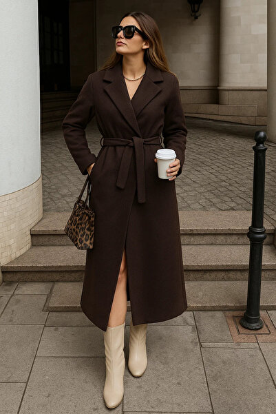 comstar Palton lung cu curea de iarnă pentru femei cu două rânduri de nasturi maro cașmir