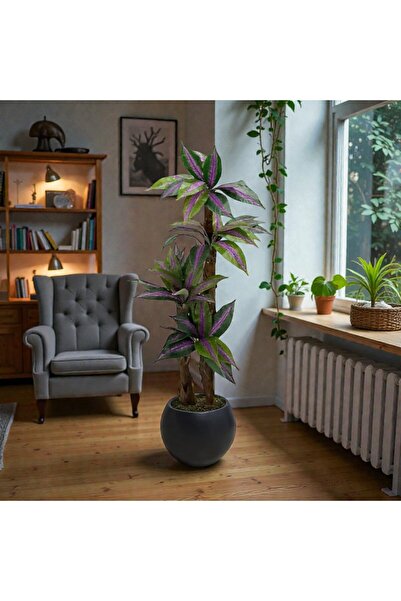 ERHAN FLOWERS Yapay Zebra mor yapraklı yuka Palmiyesi 170 cm 3 gövdeli antras...