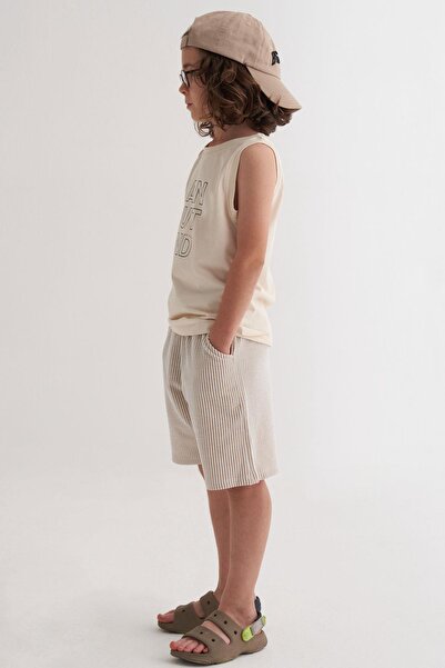 Breeze Boy's Shorts Set, Zero Sleeve, Lettering Printed Laces, Accessories, Ages 8-14, Cream