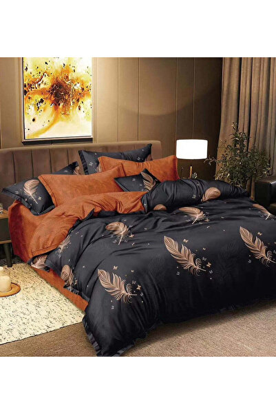 trendyhome Double Bed Bedding, Satin Cotton 4-Piece – Feathers, Gold/Black