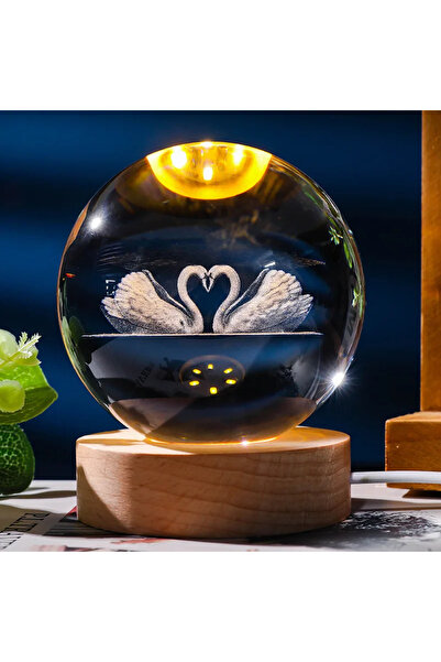 OEM Glob de cristal 3D cu lebede, LED și bază din lemn, decor romantic, cadou...
