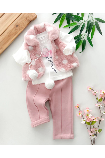 hümabebe Winter 3-Piece Set with Large Spotted Fur and Vest Set Pompom Rope Ties