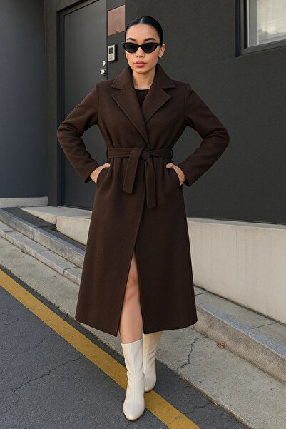 comstar Γυναικείο παλτό Trend Basic Long διπλό πέτο Brown Cashmere