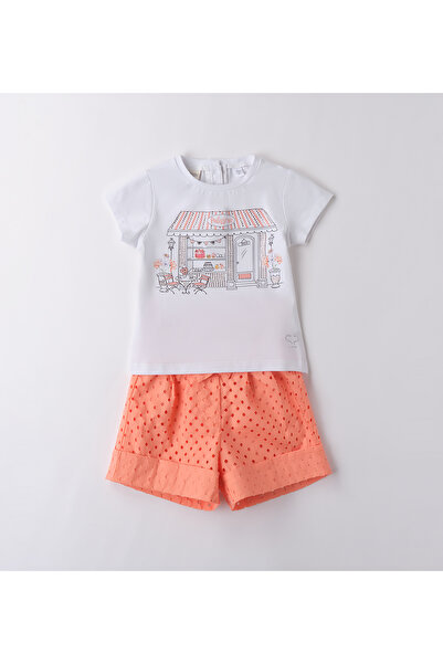 Sarabanda - T-shirt and shorts set, cotton blend, 2 pieces, White/Coral, 110 cm