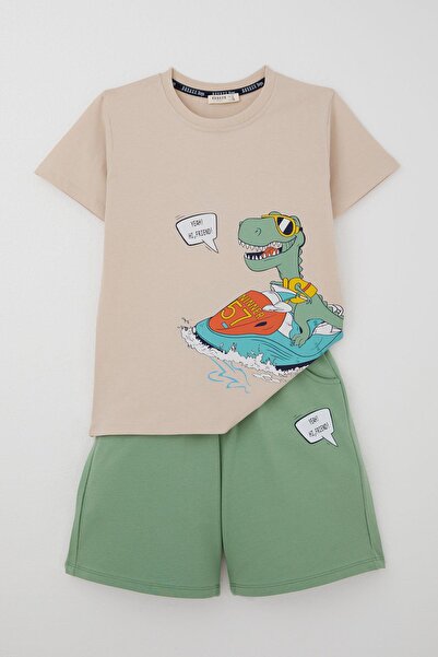 Breeze Boy's Shorts Set Jetski Enthusiast Cool Dinosaur Printed 5-9 Years Old, Beige