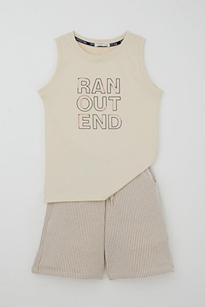 Breeze Boy's Shorts Set, Zero Sleeve, Lettering Printed Laces, Accessories, Ages 8-14, Cream