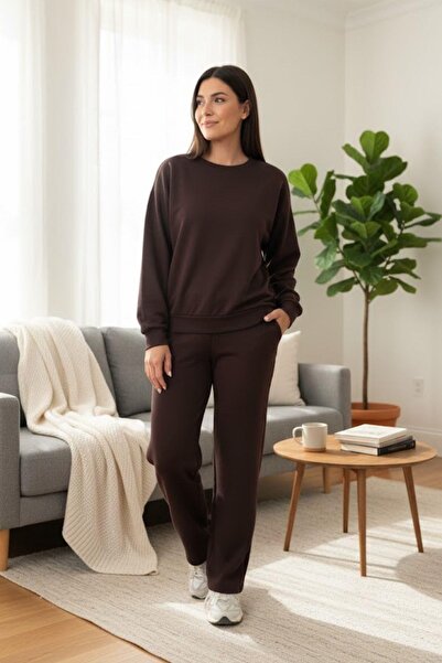 Mossta Comfortable Fit Crew Neck Viscose Two Thread Blouse Pants Two-Piece Set - Brown