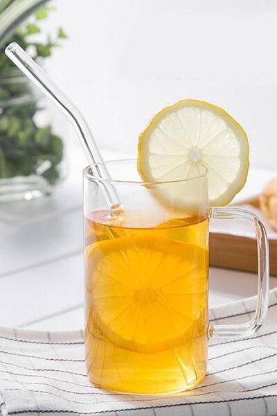 BİZ ZÜCCACİYE Transparent 6-Piece Glass Straws & Sturdy Straws & Curved Set of 6 Transparent Straws Soft Drink Straws