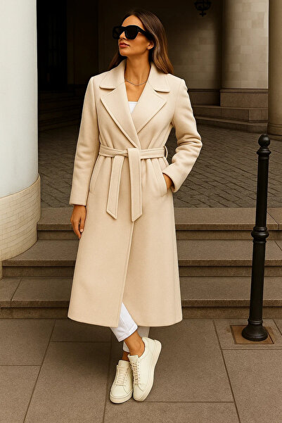 comstar Γυναικείο Χειμερινό Παλτό με Ζώνη Μακρύ διπλό πέτο Κρεμ Κασέ