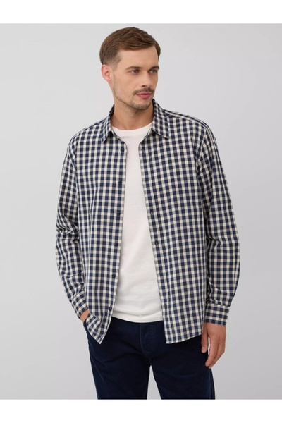 s.Oliver Men's shirt, with checkered print and Kent collar, Blue