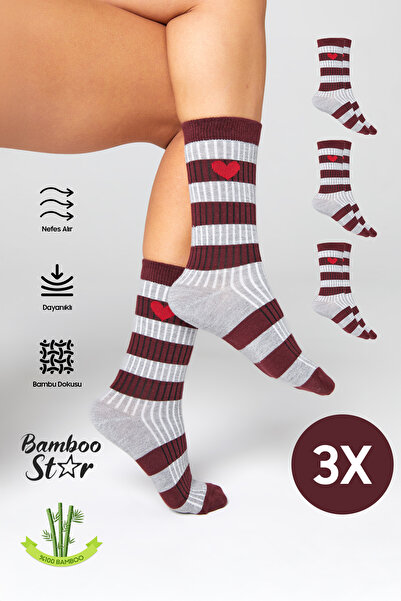 bamboo star Women's Gray-Burgundy Socket Stitch-Free Heart Patterned Socks 3-Pack Non-Squeezing Socks / Non-Marking