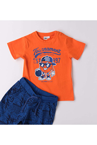 İDO - Cotton T-shirt and Shorts Set with Print, Orange / Royal Blue, 110 cm