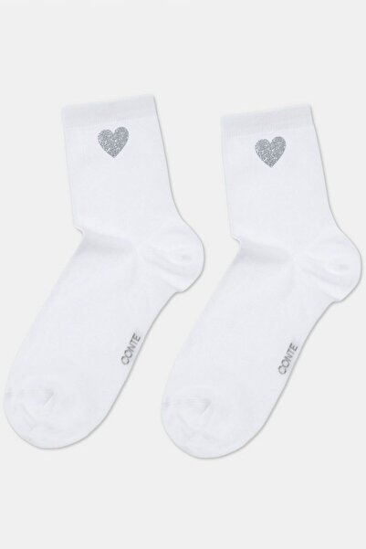 Conte Elegant Women's cotton socks with glitter heart print, Conte Classic 427 - White, 38-39 (25)
