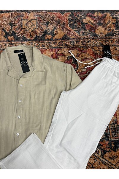 NO 601 Men's Beige Muslin Shirt & White Muslin Linen Pants Set