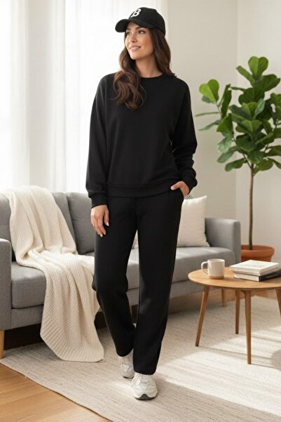Mossta Comfortable Fit Crew Neck Viscose Two Thread Blouse Pants Two-Piece Set - Black
