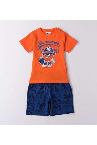 İDO - Cotton T-shirt and Shorts Set with Print, Orange / Royal Blue, 110 cm