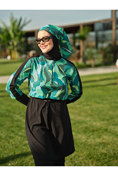 YUYİ Tesmay Sports Lycra Half-Zip Quick-Drying Fabric Women's Swimsuit (Bandana Not Included)